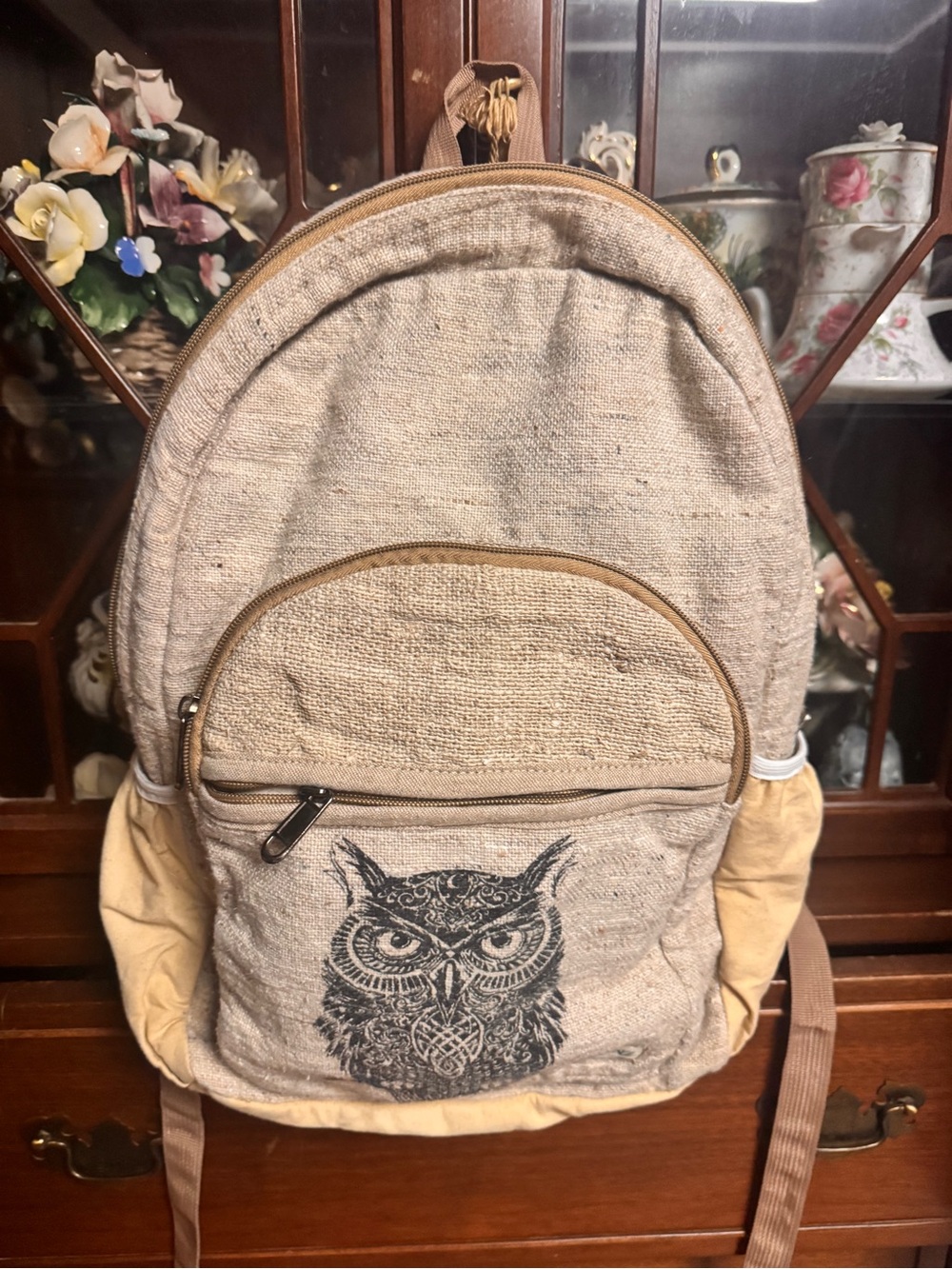 Greens Nepal Handmade Hemp Backpack Owl Print Boho Exo Festival Bag